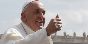 Pope gives thumbs up as he leaves general audience in St. Peter's Square at Vatican
