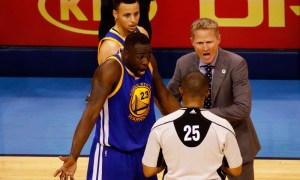 Green reacts to receiving a flagrant foul after kicking Steven Adams of Oklahoma City in the groin in Game 3 of the Western Conference Finals