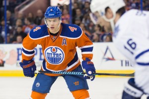 11 February 2016: Winger Taylor Hall #4 of the Edmonton Oilers in action during the Toronto Maple Leafs game versus the Edmonton Oilers at Recall Place in Edmonton, Alberta. (Photo by Curtis Comeau/Icon Sportswire)