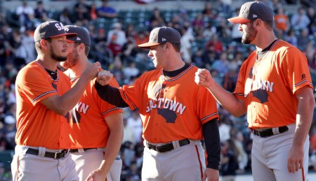 The Sacramento RiverCats wearing their Giants-inspired SACTOWN uniforms in a game in 2016.